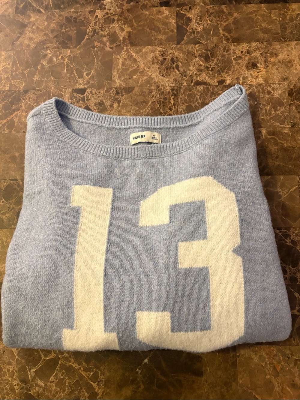 Hollister Pastel Blue Crewneck Sweater with White '13' Graphic